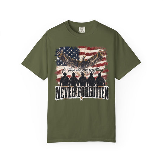 Never Forgotten Tee with a distressed American-flag backdrop, featuring a bald eagle and soldier silhouettes, highlighting for those who gave everything and NEVER FORGOTTEN in bold text.