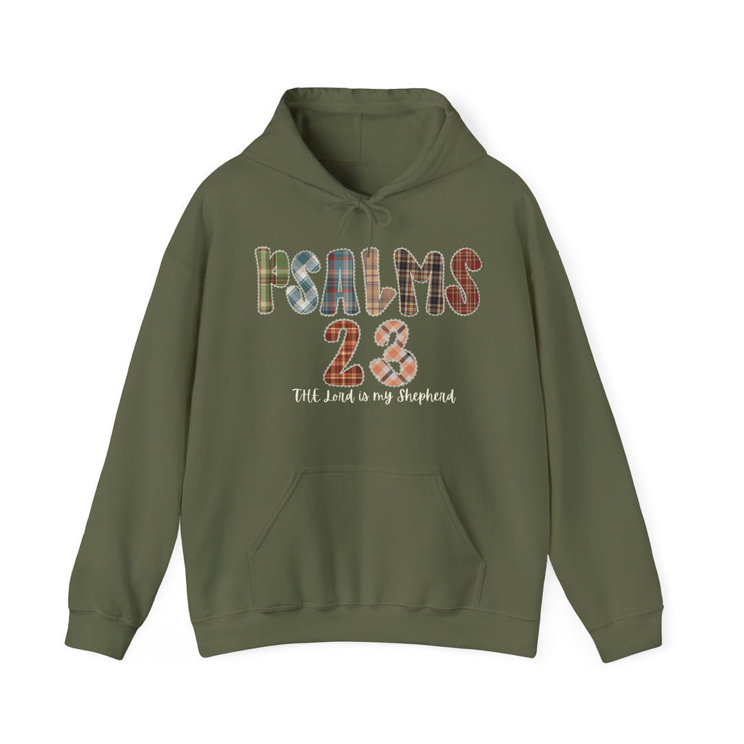 Olive-green Psalms 23 Hoodie with plaid patchwork letters, kangaroo pocket, and drawstring hood, perfect for cozy, stylish comfort from Faith Family Designs.
