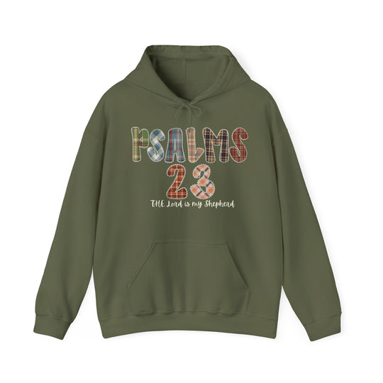 Olive-green Psalms 23 Hoodie with plaid patchwork letters, kangaroo pocket, and drawstring hood, perfect for cozy, stylish comfort from Faith Family Designs.
