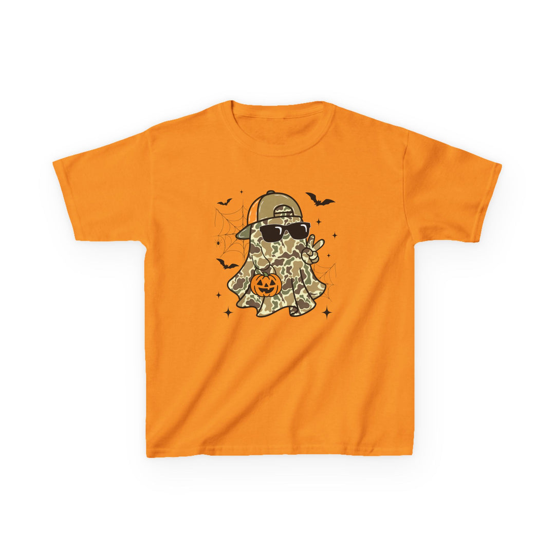 Candy Ghost Kids Tee featuring a cartoon ghost in camo, sunglasses, and baseball cap with Halloween elements. Made of durable, soft 100% cotton, perfect for kids.