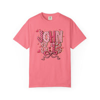 Pink 3:16 Tee with heart-patterned JOHN 3:16 graphic, adorned with floating hearts, sparkles, and a ribbon bow, showcasing Faith Family Designs' unique style.