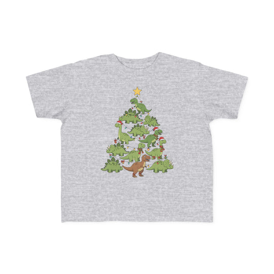 Dino Tree Toddler Tee: Light-gray T-shirt featuring cartoon dinosaurs forming a Christmas tree, adorned with lights, ornaments, Santa hats, and topped with a star.