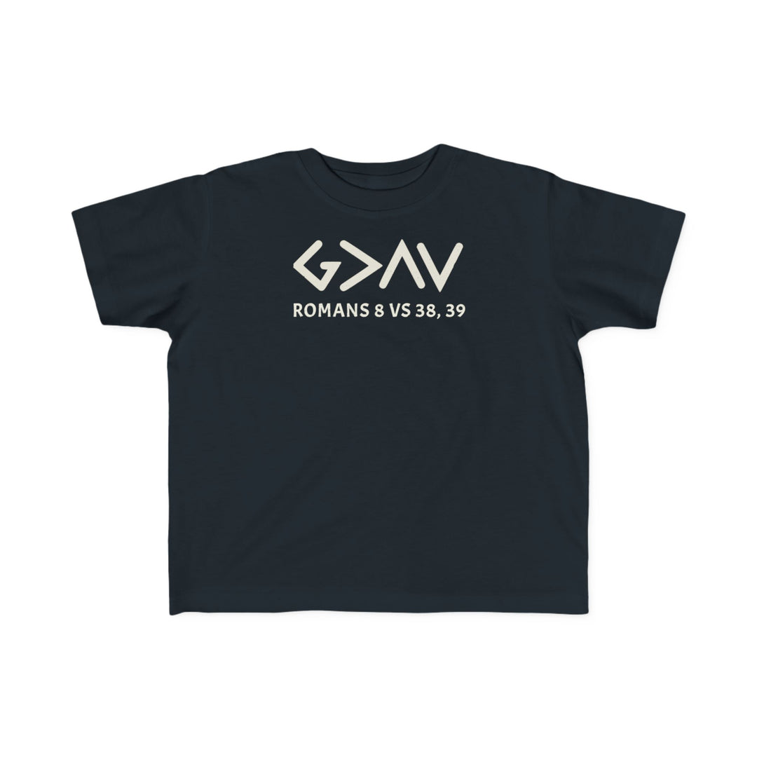 God is Greater Tee for toddlers, featuring white text on black fabric, crafted for comfort and durability, ideal for sensitive skin and adventurous play.