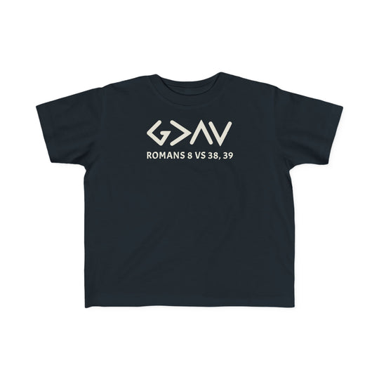 God is Greater Tee for toddlers, featuring white text on black fabric, crafted for comfort and durability, ideal for sensitive skin and adventurous play.