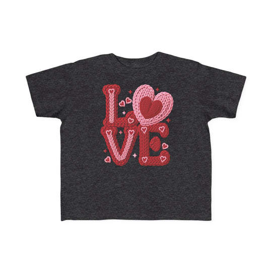 Love Heart Toddler Tee featuring LOVE in chunky yarn style with two heart motifs, designed for softness and durability, perfect for toddlers' sensitive skin.