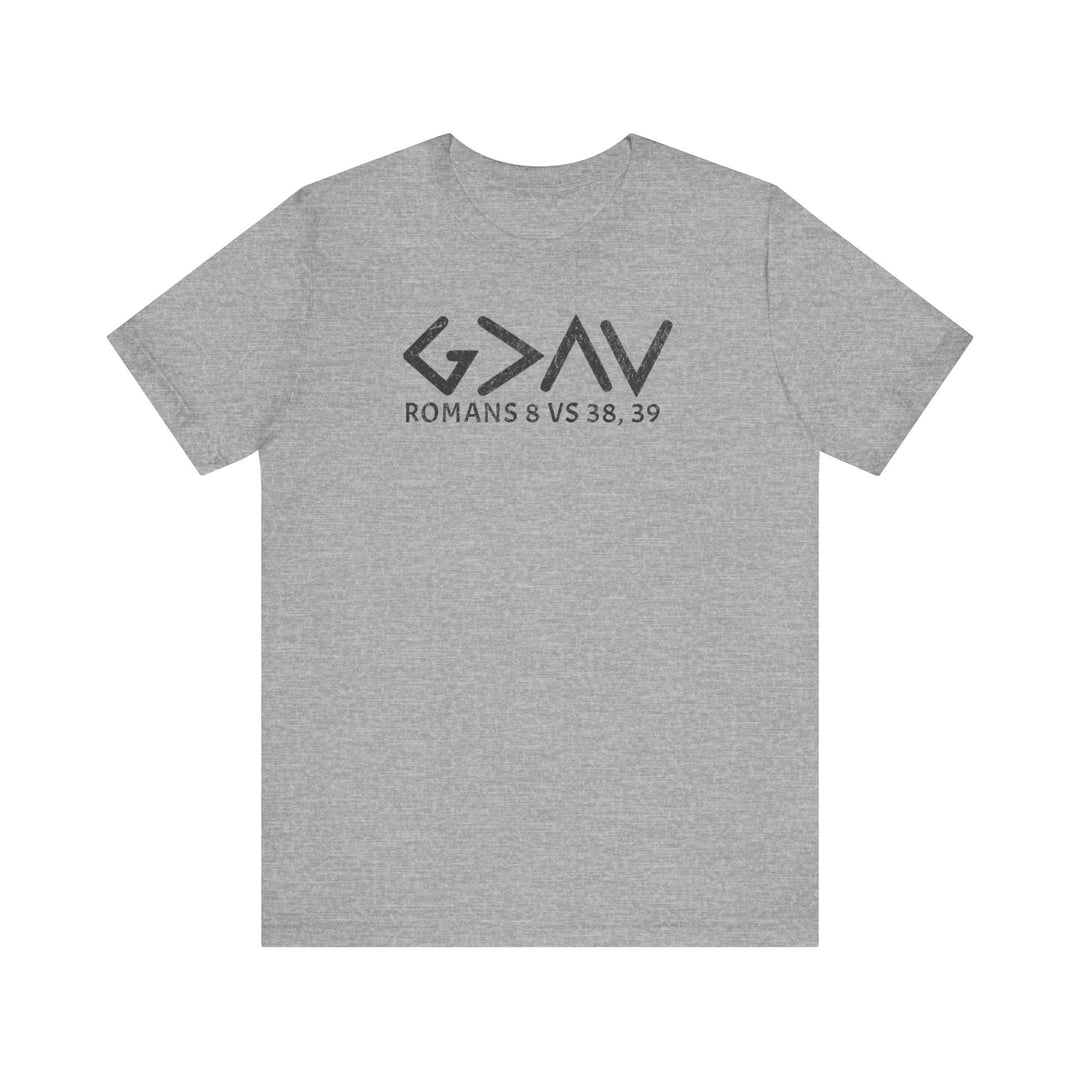 Grey God is Greater Tee t-shirt with black text, featuring a classic unisex fit and soft cotton fabric, designed for comfort and durability.