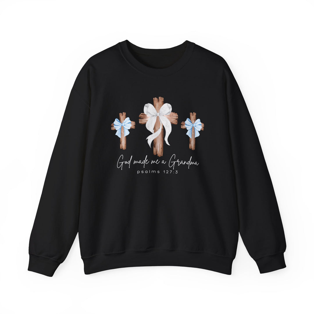 God Made Me a Grandma Crew sweatshirt features three wooden crosses with bows and Psalms 127:3, offering comfort with a polyester-cotton blend and ribbed collar.