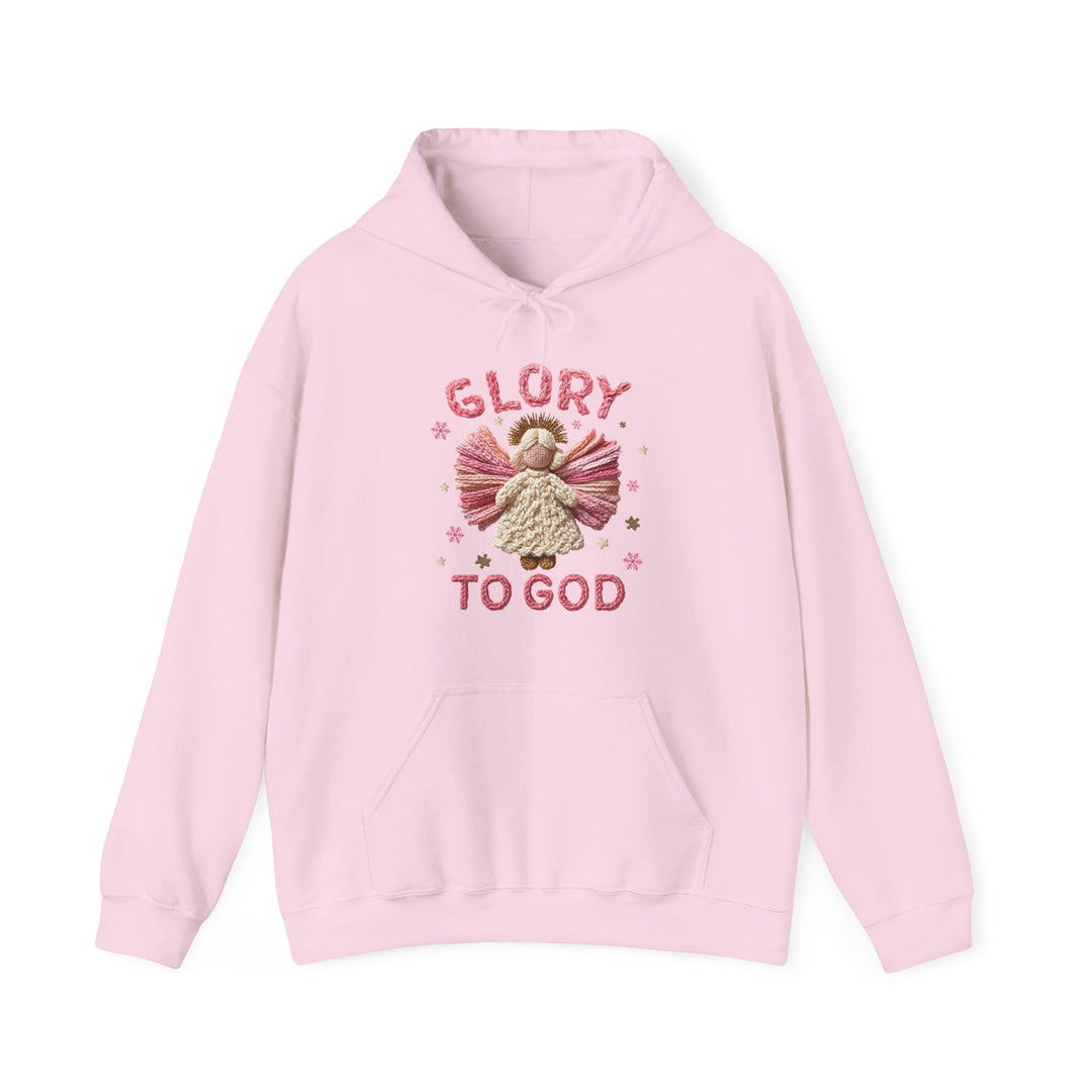 Light pink hoodie with GLORY TO GOD in yarn-like embroidery, featuring an angel design with stars on the chest.