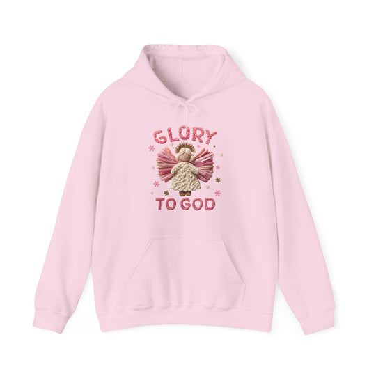 Light pink hoodie with GLORY TO GOD in yarn-like embroidery, featuring an angel design with stars on the chest.