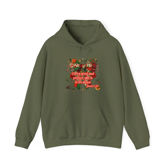 Olive-green Gift from Above hoodie with festive quilt-style bow, holiday accents, and Bible verse. Cozy cotton-poly blend, kangaroo pocket, drawstring hood.