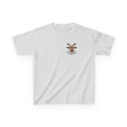 Merry and Bright Kids Tee featuring a smiling reindeer with antlers and red nose, printed on light-heather gray T-shirt, perfect for everyday wear.