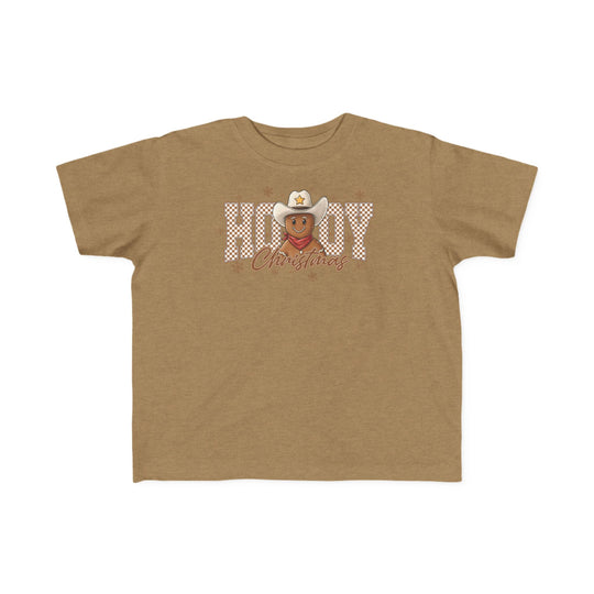 Howdy Christmas Toddler Tee featuring a cartoon gingerbread cowboy with Howdy Christmas text and snowflakes, designed for toddler comfort and style.