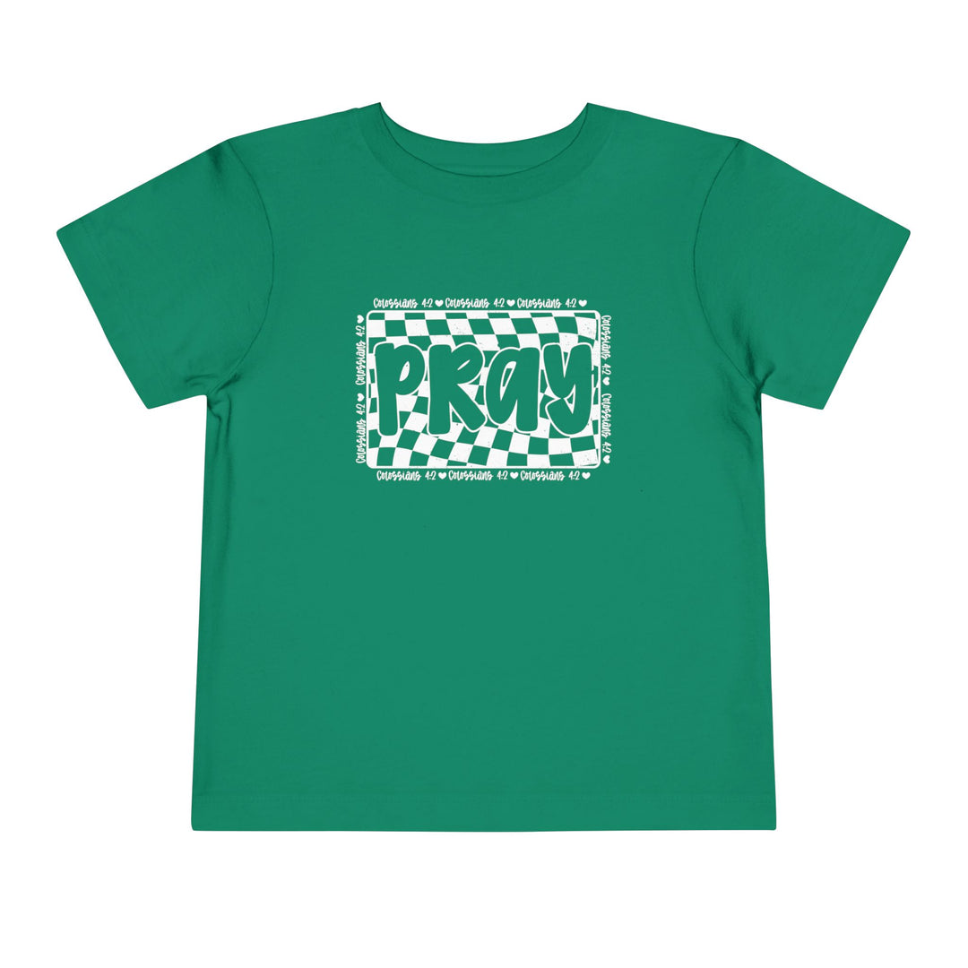 Pray Toddler Tee: A green t-shirt for toddlers featuring a white and black design, made from 100% Airlume cotton for comfort and durability.