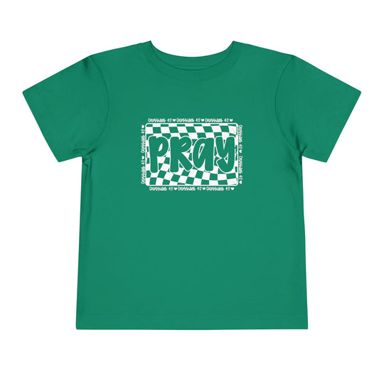 Pray Toddler Tee: A green t-shirt for toddlers featuring a white and black design, made from 100% Airlume cotton for comfort and durability.