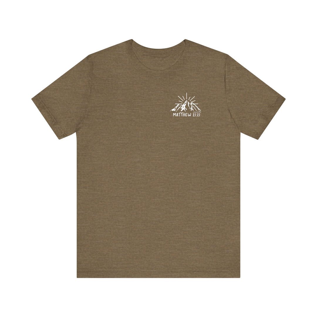 Brown tee with mountain logo, embodying Faith Can Move Mountains Tee from Worlds Worst Tees. Unisex jersey shirt with ribbed collar, 100% cotton, retail fit, tear away label, and durable seams.