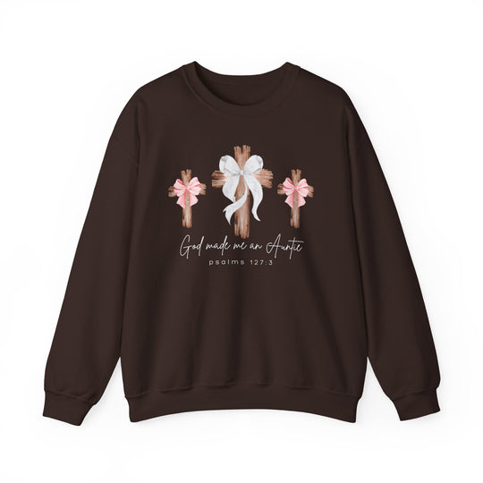 God Made Me a Girl Auntie Crew sweatshirt featuring three rustic wooden crosses with bows and Psalm 127:3 script, offering comfort in a cotton-polyester blend.