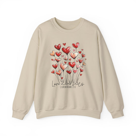 Love Never Fails Crew sweatshirt with heart-shaped flowers and “Love never fails” text, combining comfort with faith-inspired design from Faith Family Designs.