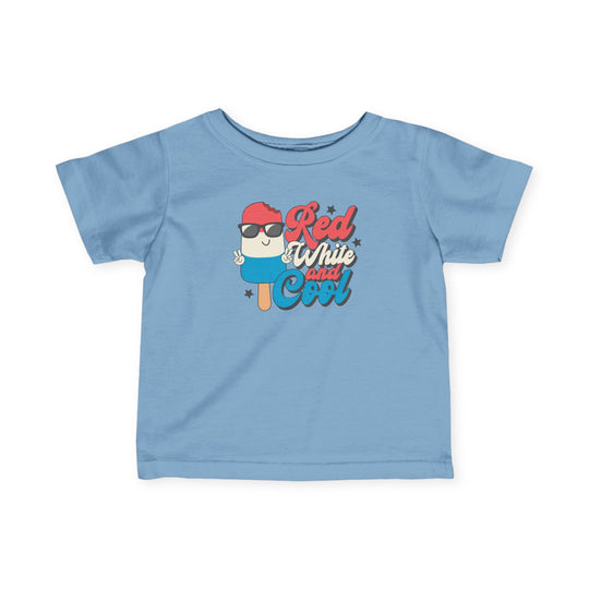 Red White and Cool Baby Tee, featuring a classic fit with ribbed knitting and taped shoulders for durability and comfort, ideal for infants and toddlers.