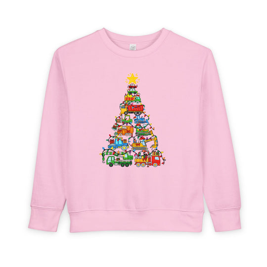 Light-pink Christmas Truck Toddler Crew sweatshirt features a colorful work truck Christmas tree graphic, combining festive charm with comfort and durability for toddlers.