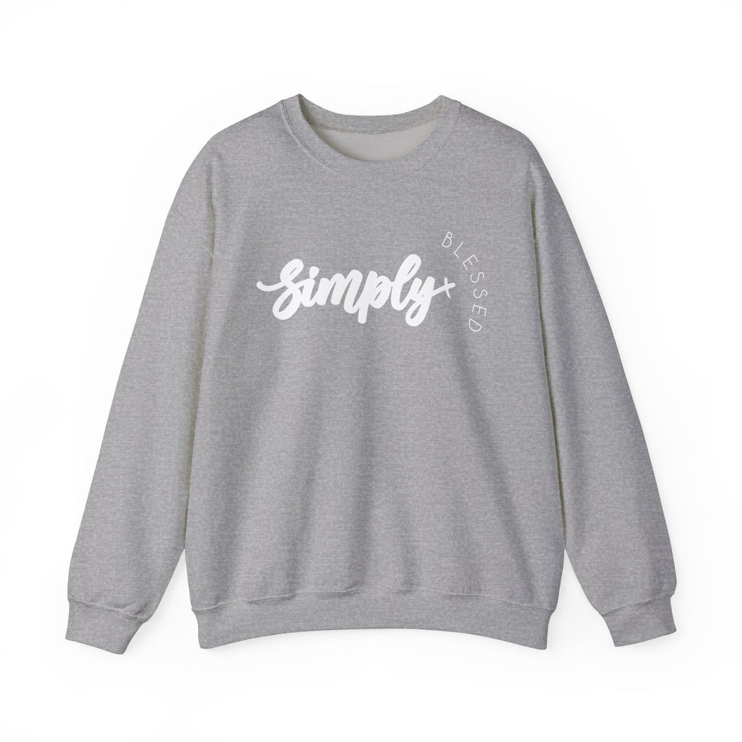 Simply Blessed Crew: Grey sweatshirt with white text, crafted from 50% cotton and 50% polyester. Features a ribbed knit collar and offers a comfortable, loose fit.