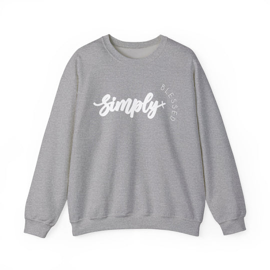 Simply Blessed Crew: Grey sweatshirt with white text, crafted from 50% cotton and 50% polyester. Features a ribbed knit collar and offers a comfortable, loose fit.