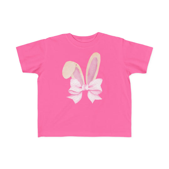 Bunny Bow Toddler Tee: Bright pink short-sleeve shirt with watercolor bunny ears and bow print, crafted from soft cotton for toddlers' comfort.