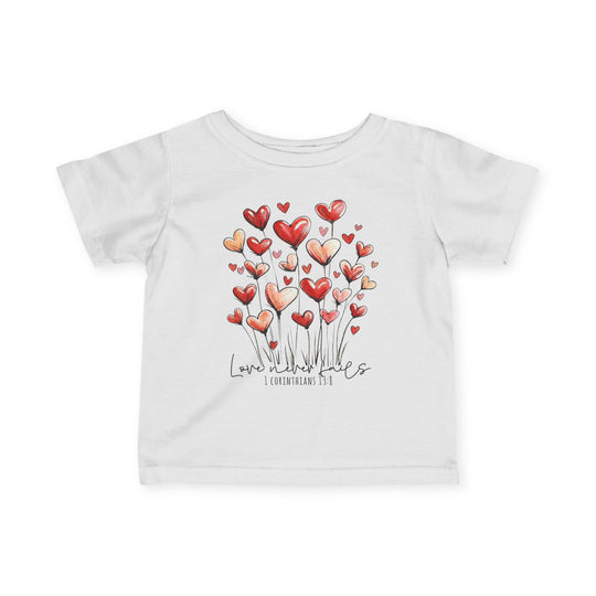 Love Never Fails Baby Tee featuring heart-shaped floral graphics and biblical text, designed for comfort and durability in toddler sizes.