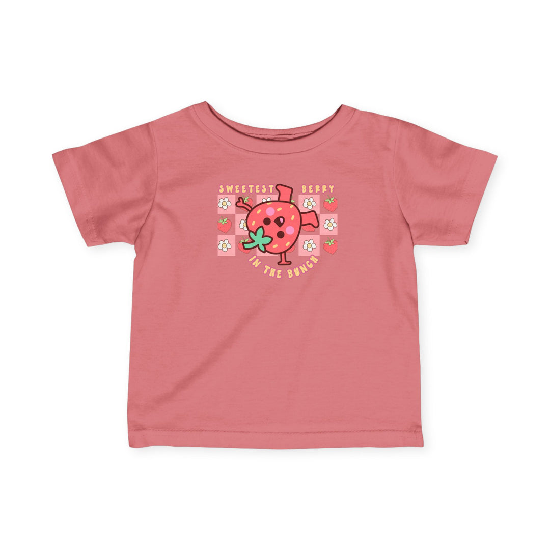 Sweetest Berry in the Bunch Baby Tee for infants features durable ribbed knitting, side seams, and taped shoulders for comfort, made from 100% combed, ring-spun cotton.