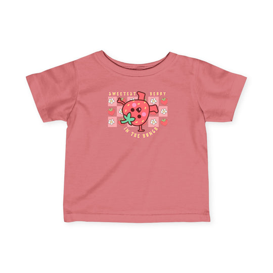 Sweetest Berry in the Bunch Baby Tee for infants features durable ribbed knitting, side seams, and taped shoulders for comfort, made from 100% combed, ring-spun cotton.