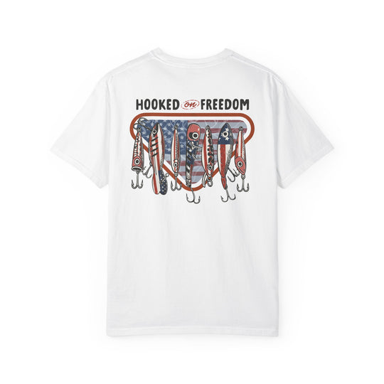 Back of Hooked on Freedom Tee featuring patriotic fishing lures design, ideal for casual wear, made from soft, durable ring-spun cotton by Faith Family Designs.