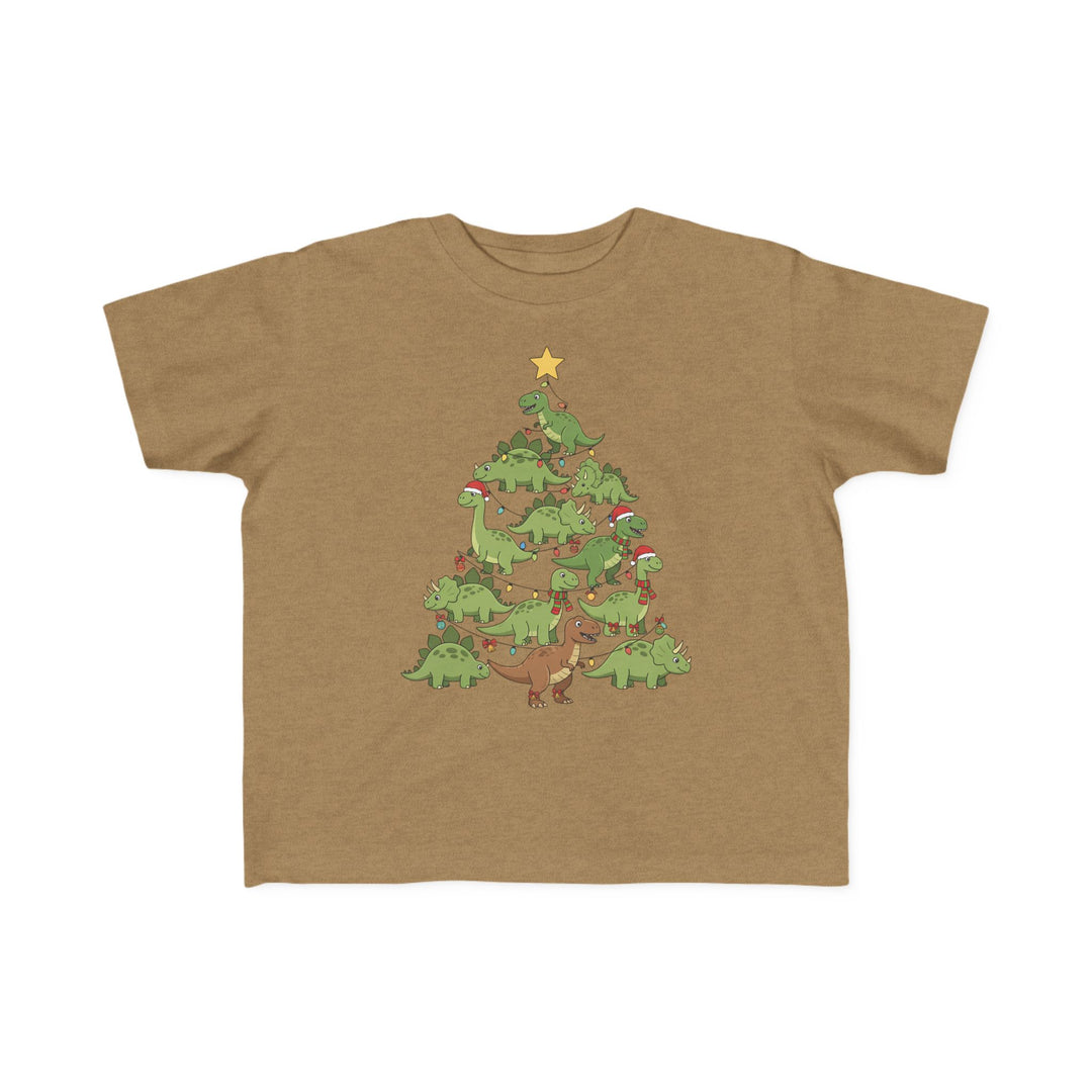 Dino Tree Toddler Tee featuring a whimsical dinosaur Christmas tree design with holiday lights and Santa hats, perfect for sensitive toddler skin.