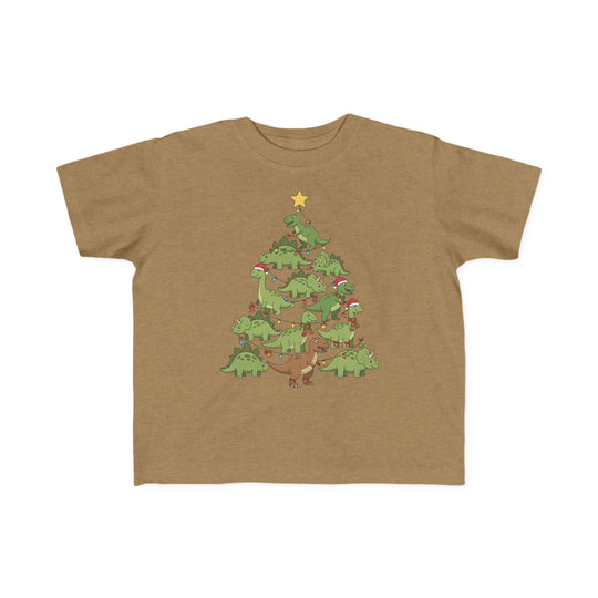 Dino Tree Toddler Tee featuring a whimsical dinosaur Christmas tree design with holiday lights and Santa hats, perfect for sensitive toddler skin.