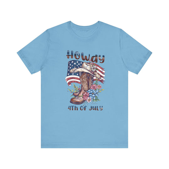A blue t-shirt featuring a cowboy hat, boots, and flowers, embodying a western theme. Made of 100% Airlume combed cotton with ribbed knit collars and taping on shoulders for a comfortable fit. From 'Worlds Worst Tees'.