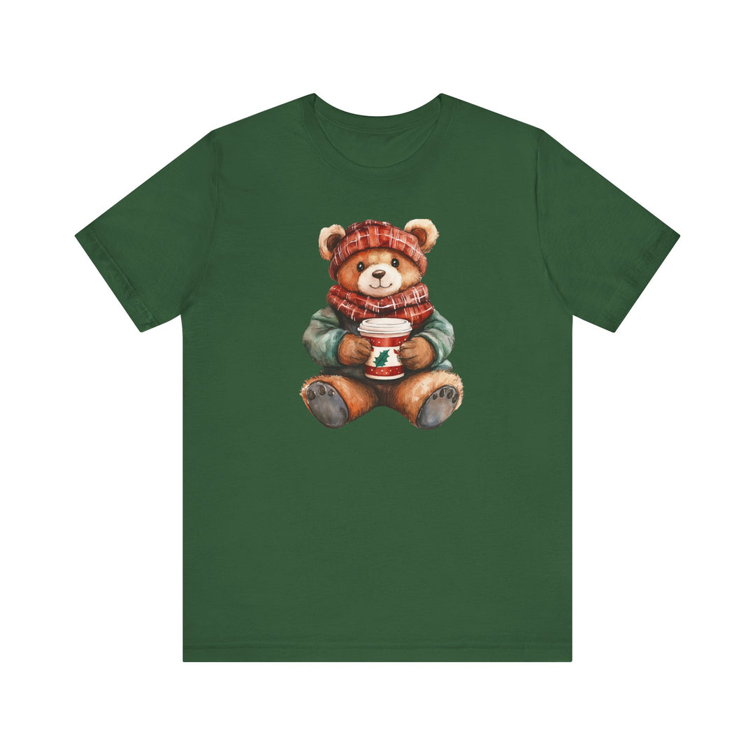 Forest-green Old Money Christmas Bear Tee features a winter-dressed teddy bear with a festive cup, highlighting cozy holiday vibes. Unisex fit, soft cotton.