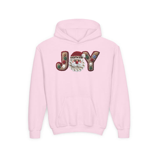 Light pink Joy Youth Hoodie with a latch-hook style JOY graphic, featuring a Santa face as the O, and festive letters. Ultra-soft, preshrunk fleece with kangaroo pocket.