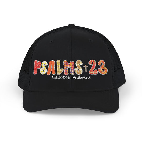 Psalms 23 Snapback Trucker Cap with patchwork design, featuring 'The Lord is my Shepherd' text, mesh back, and adjustable snap closure for a comfortable fit.
