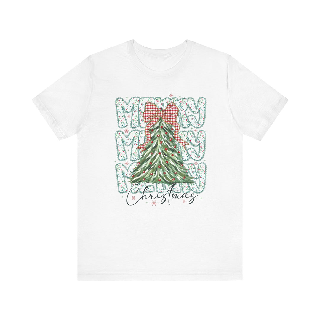 Merry Merry Merry Christmas Tee featuring a stylized green tree with red ornaments and bow, soft cotton, unisex fit, perfect for holiday celebrations.