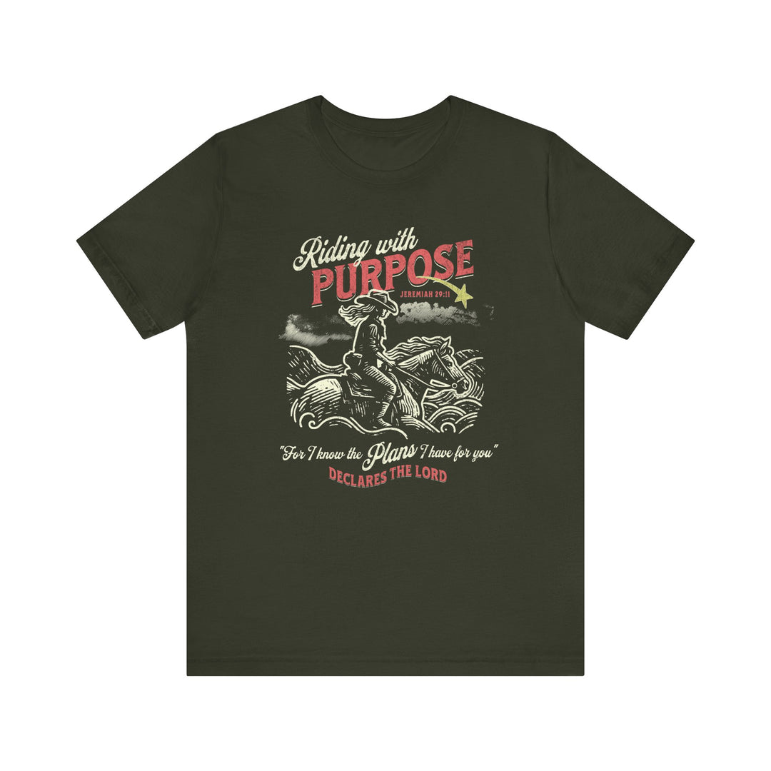Riding for a Purpose Tee: Green t-shirt featuring a graphic of a man riding a motorcycle, crafted from soft cotton with a classic unisex fit.