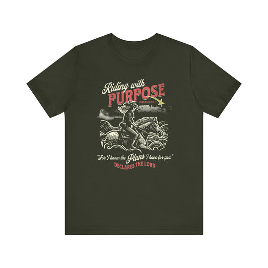 Riding for a Purpose Tee: Green t-shirt featuring a graphic of a man riding a motorcycle, crafted from soft cotton with a classic unisex fit.