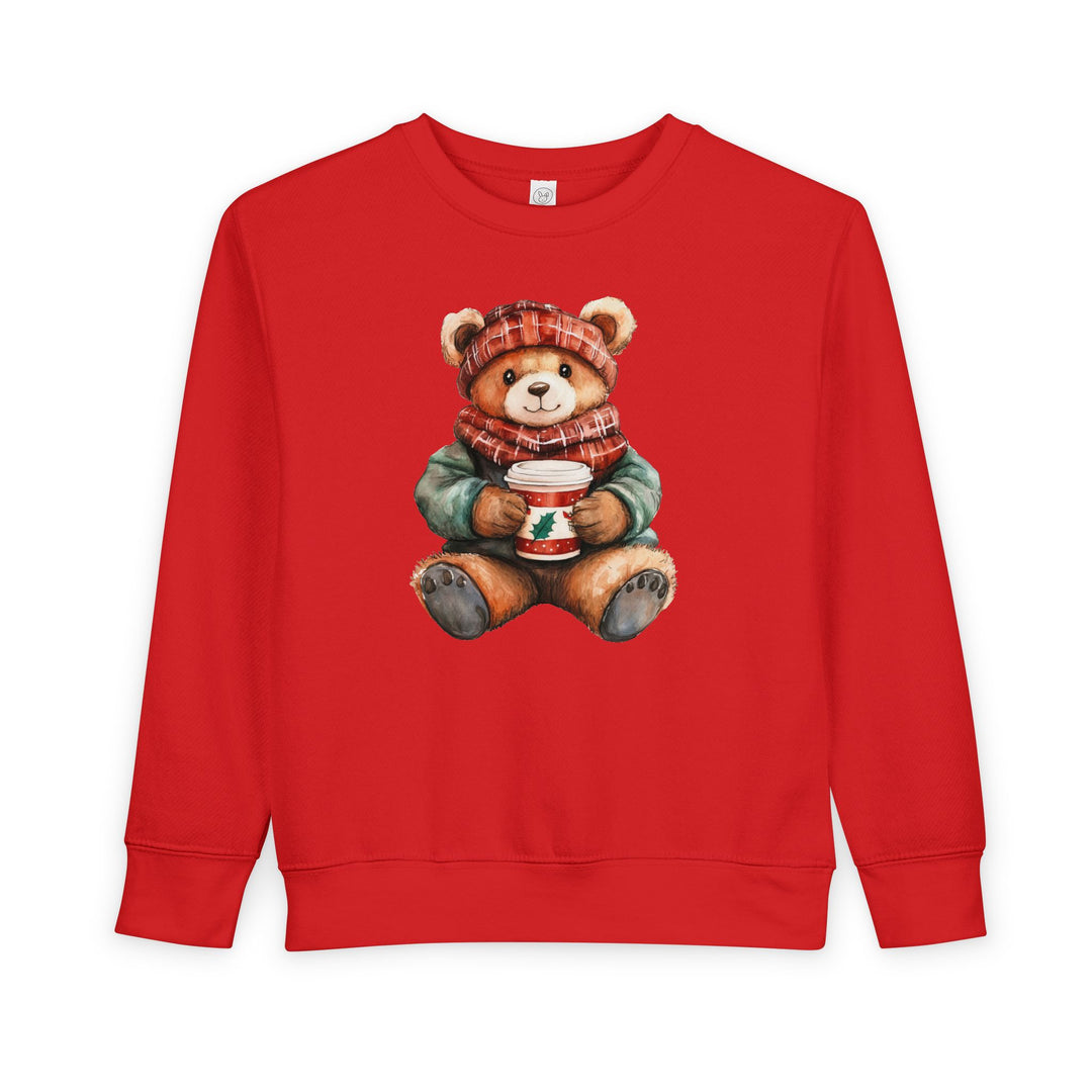 Old Money Bear Crew: Bright red sweatshirt with a winter-clad teddy bear holding a festive cup, ideal for keeping toddlers cozy and stylish.