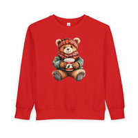 Old Money Bear Crew: Bright red sweatshirt with a winter-clad teddy bear holding a festive cup, ideal for keeping toddlers cozy and stylish.