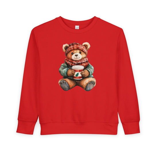 Old Money Bear Crew: Bright red sweatshirt with a winter-clad teddy bear holding a festive cup, ideal for keeping toddlers cozy and stylish.