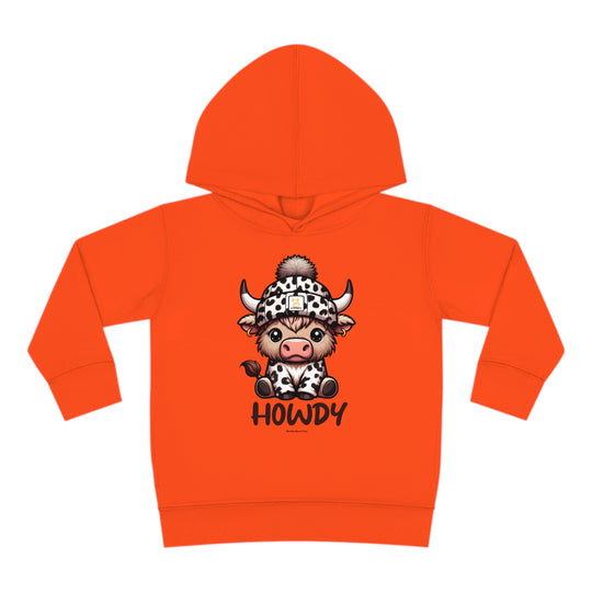 Toddler hoodie featuring a cow cartoon on the front, designed for comfort with jersey-lined hood and durable stitching. Side seam pockets for coziness. From Worlds Worst Tees.