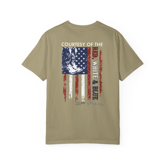 Back of khaki t-shirt with distressed stars and stripes, Courtesy of the Red, White & Blue, boot graphic, and 250th Anniversary text in script.