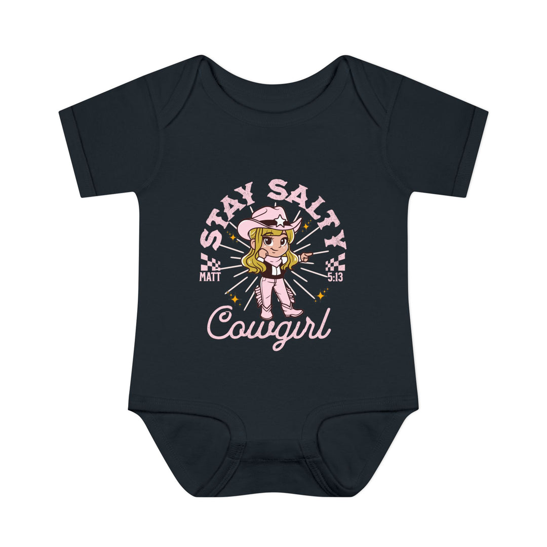 Salty Cowgirl Onesie: Black baby bodysuit featuring a cartoon cowgirl with a cowboy hat, designed for comfort with lap shoulders and soft ring-spun cotton.