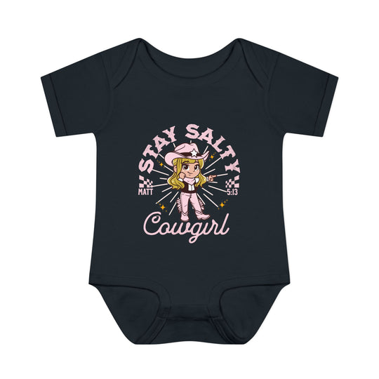 Salty Cowgirl Onesie: Black baby bodysuit featuring a cartoon cowgirl with a cowboy hat, designed for comfort with lap shoulders and soft ring-spun cotton.