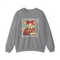 Grey crewneck sweatshirt, In the Beginning Crew, featuring a festive mug and books with John 1:1 scripture, surrounded by evergreen branches and snowflakes.