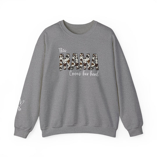 A Mama Herd Crew unisex sweatshirt, featuring a logo close-up and heart detail. Made of 50% cotton, 50% polyester with ribbed knit collar, no itchy seams, and a loose fit. Ideal for comfort.