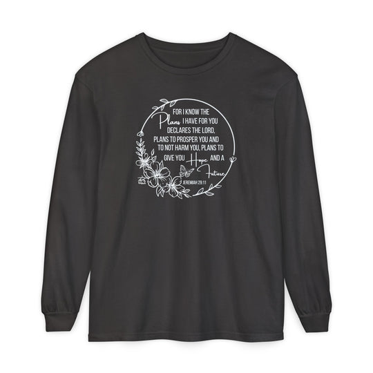 Black long-sleeve tee featuring a white floral wreath around Jeremiah 29:11, made of 100% ring-spun cotton for comfort.