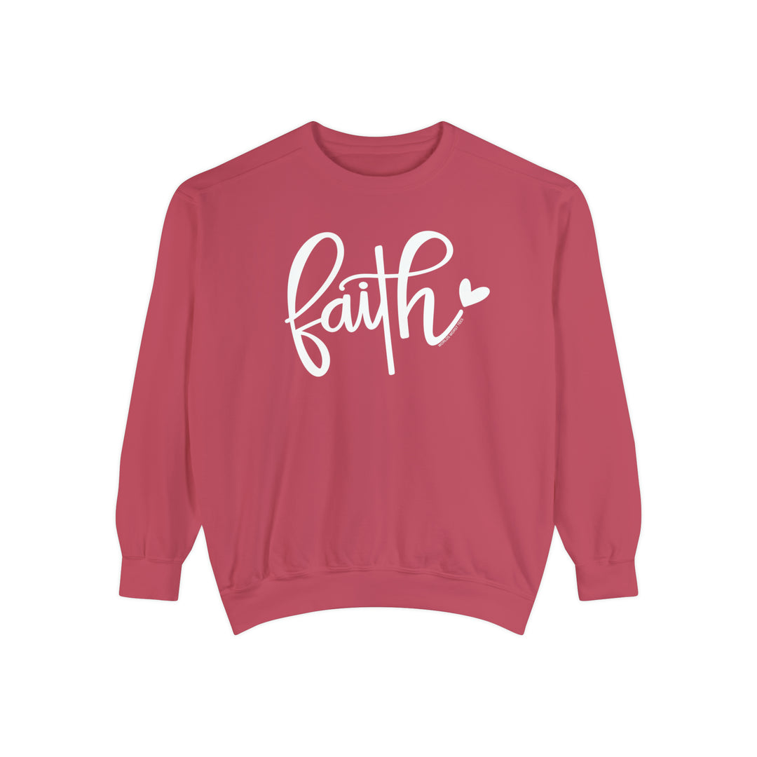 Unisex Faith Crew sweatshirt in pink with white text. Made of 80% ring-spun cotton and 20% polyester, featuring a relaxed fit, rolled-forward shoulder, and back neck patch. Luxurious comfort in a medium-heavy fabric.